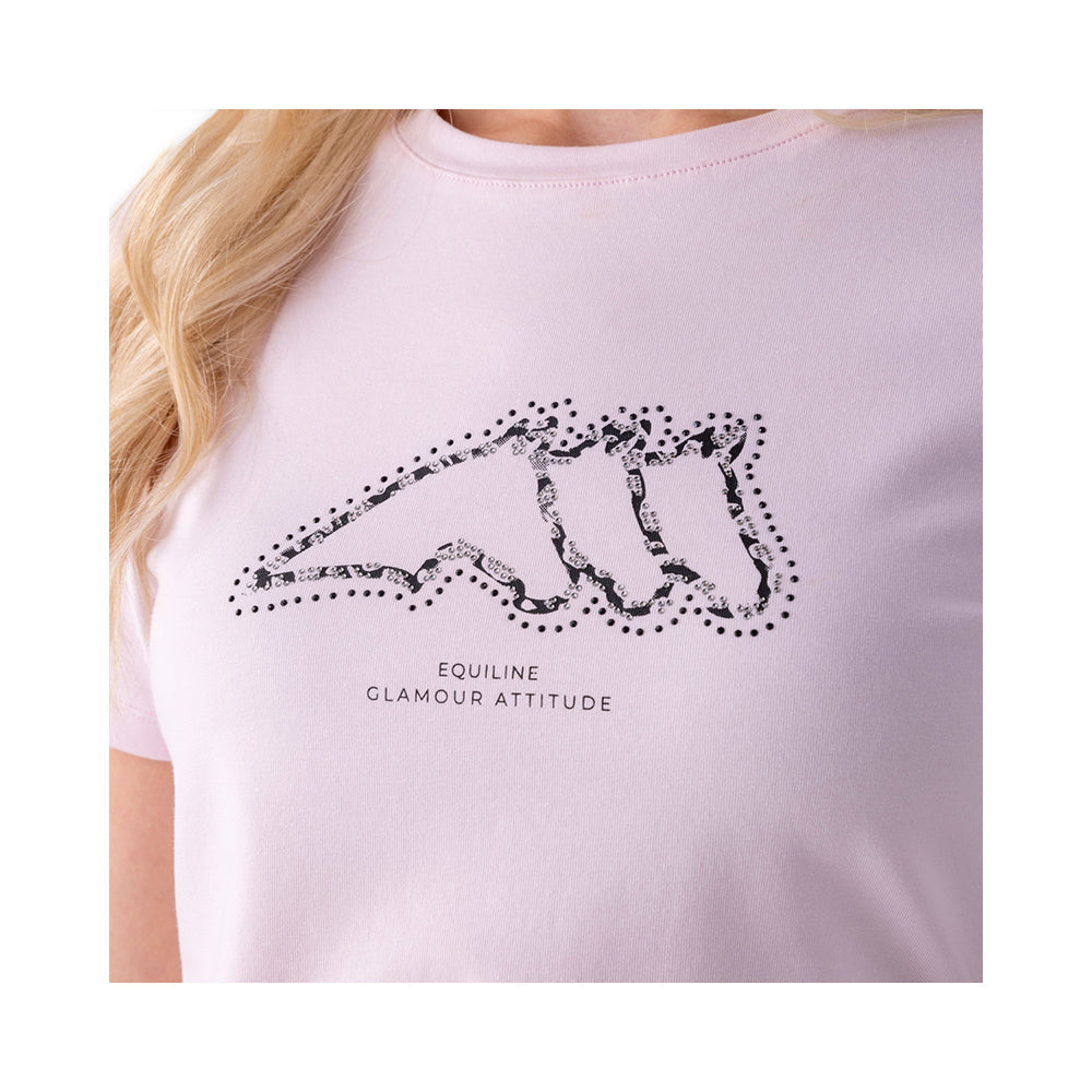 Equiline Giulig Glamour T-paidan yksityiskohta vaaleanpunainen, strassikoristeltu Equiline-logo rinnassa