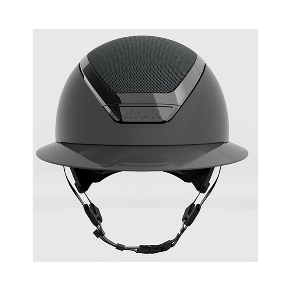 KASK Star Lady Pure Shine Chrome kiiltävä ratsastuskypärä edestä, aurinkolippa ja kromiyksityiskohdat