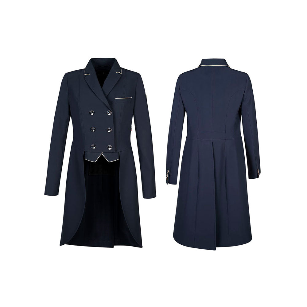 Equiline Blanca X-Cool naisten kisafrakki edestä, tummansininen ja ryhdikäs kilpailufrakki